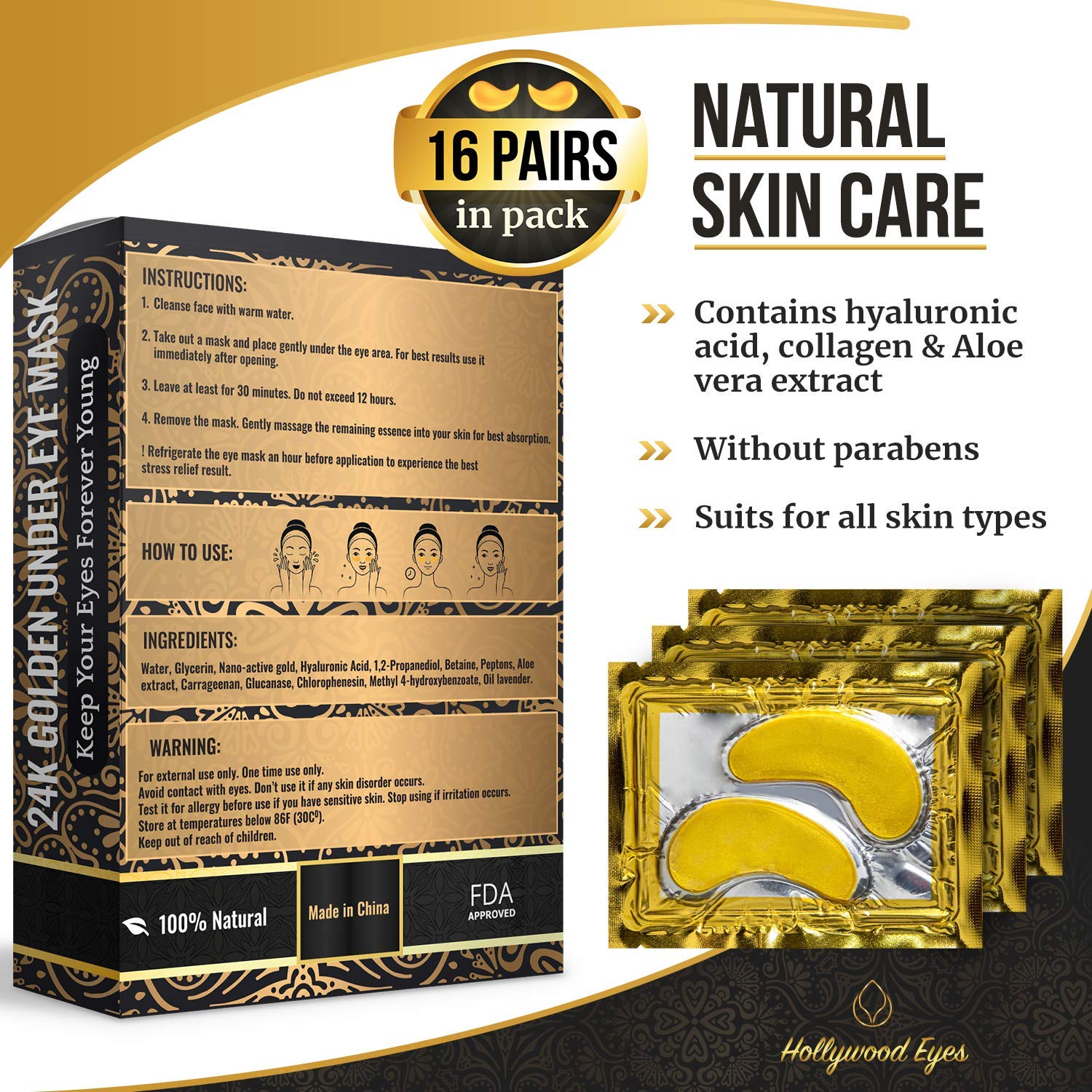 Under Eye Patches, 24K Gold Collagen Eye Mask, Dark Circles and Wrinkles Treatment, Anti-aging, Gel Pads for Puffiness and Bags, Immune System Support for Eyes, With Hyaluronic Acid, Deep Moisturizing : Beauty