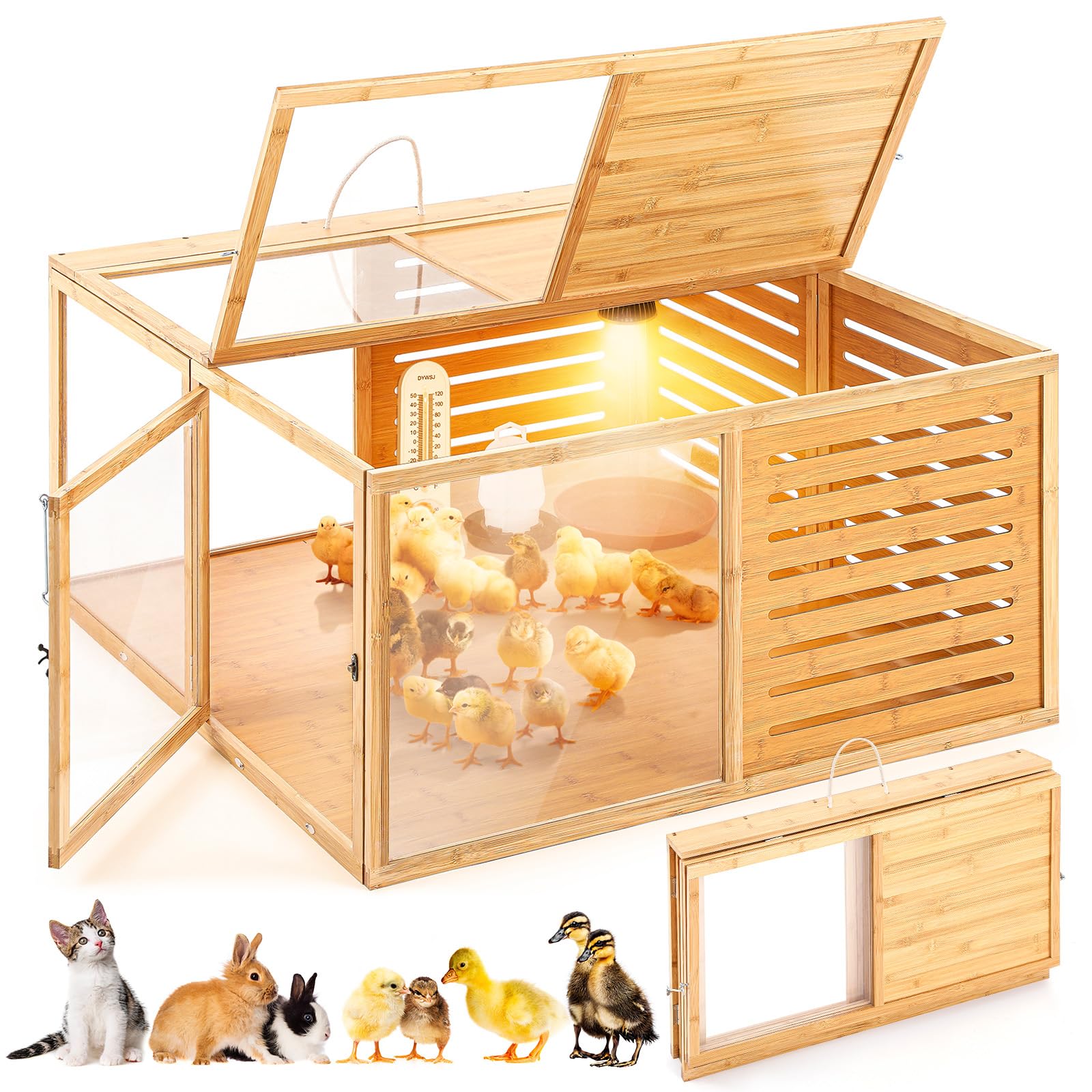 Photo 1 of CroBlissful 32x32x16 Inch Large Foldable Chicken Brooder Box Wooden Chick Brooder Kits with Heated Light Thermometer Portable with Handle for Chickens, Ducks, Quails, Hamsters, Lizards, No Assembly