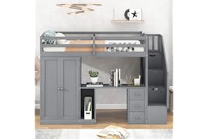 BIADNBZ Multi-Function Twin Size Loft Bed with Wardrobe and Staircase, Desk and Storage Drawers and Cabinet in 1 for Kids Girls Boys Teens,Gray