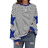 TERIVEEK Women Oversized Striped Color Block Long Sleeve Crew Neck Sweatshirt Casual Loose Pullover Y2K Shirt Top