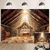 Christmas Manger Scene Backdrop Birth of Jesus Photography Background | 7X5FT Christmas Nativity Holy Family Barn Country Farmhouse Banner, Xmas New Year's Eve Party Decorations Photo Props