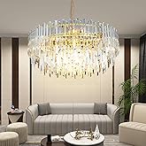 CHGUOSZ 31.5" Modern Crystal Chandelier, 3-Tier Gold Pendant Light with 13 Lights, Luxury K9 Crystal Ceiling Fixture for Dini