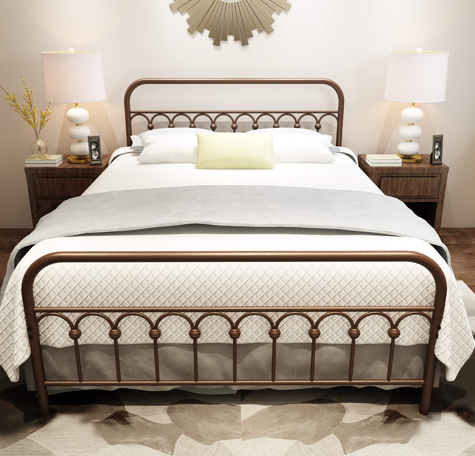 Metal Bed Frame Queen Size with Vintage Headboard and Footboard Platform Base Wrought Iron Double Bed Frame (Queen, Antique Brown)