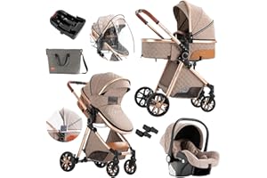 Nine point nine 3 in 1 Baby Stroller Travel System Combo Set, Reversible Infant Stroller with Aluminum Frame, Convertible Toddler Newborn Pram Carriage of One-Click Folding (UDV9-KHAKI with Base)