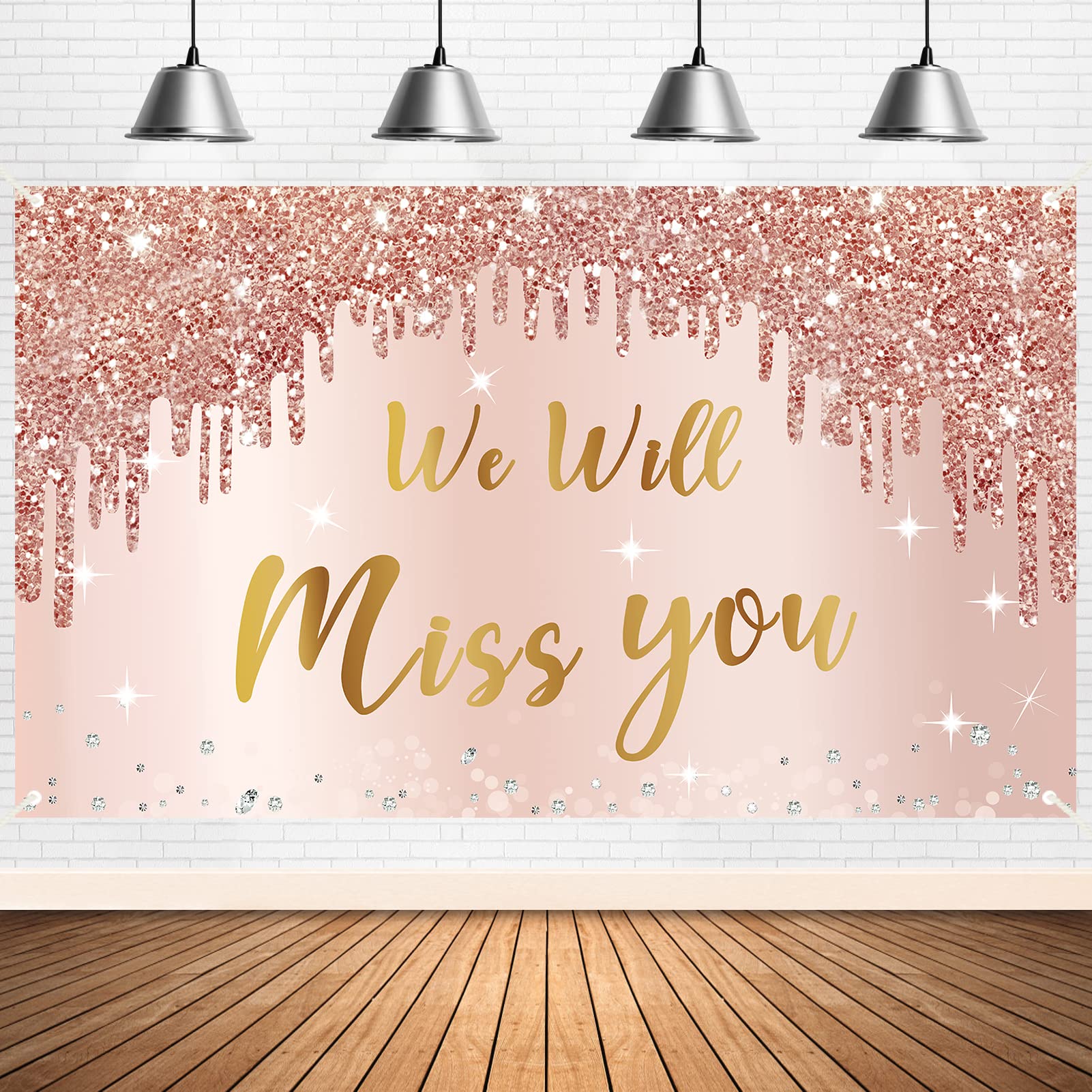 Photo 1 of Going Away Party Decorations We Will Miss You Banner Backdrop for Women, Rose Gold Goodbye Farewell Party Sign Supplies, Pink Retirement Graduation Party Poster Background Photo Booth Props Decor