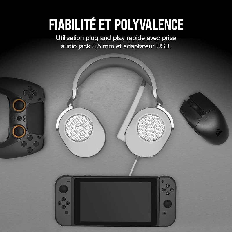 HS65 Surround Casque de Jeu Filaire Multiplateforme - Son Surround Dolby 7.1 - SonarWorks SoundID - Compatible iCUE - PC, Mac, PS5, PS4, Xbox, Nintendo Switch, Mobile - Blanc