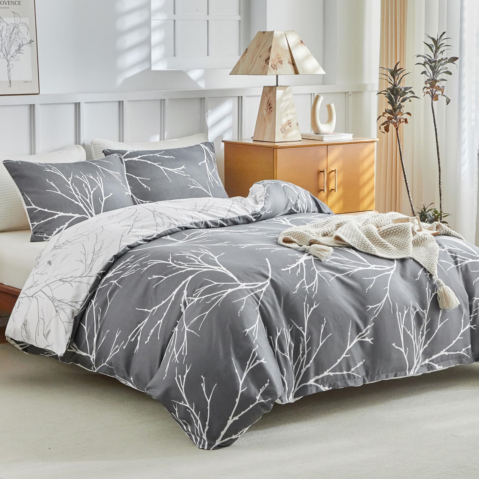 Tokokimo Super King Duvet Set Bedding, Botanical Branches Printed Grey Super King Size Duvet Cover Sets (1x Duvet Cover, 2x Pillowcase) Microfibre Super King Duvet Cover 260x220 cm