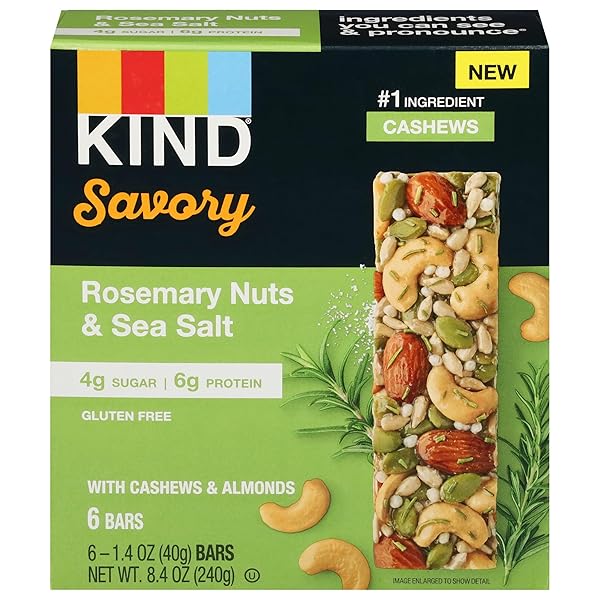 KIND SAVORY NUT BARS, ROSEMARY NUTS & SEA SALT, GOOD SOURCE OF FIBER, GLUTEN FREE, LOW SUGAR, 6G PROTEIN, 6 COUNT