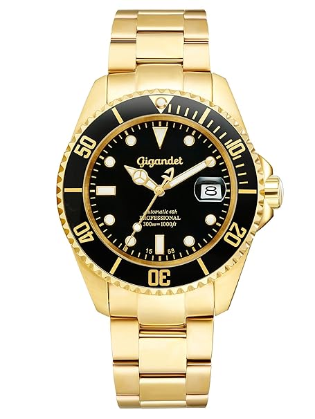 Gigandet Sea Ground Herrenuhr Automatik Analog Edelstahlarmband Luxus Uhr gold Datum 42 Std Gangreserve 300 Meter/30 bar Auto