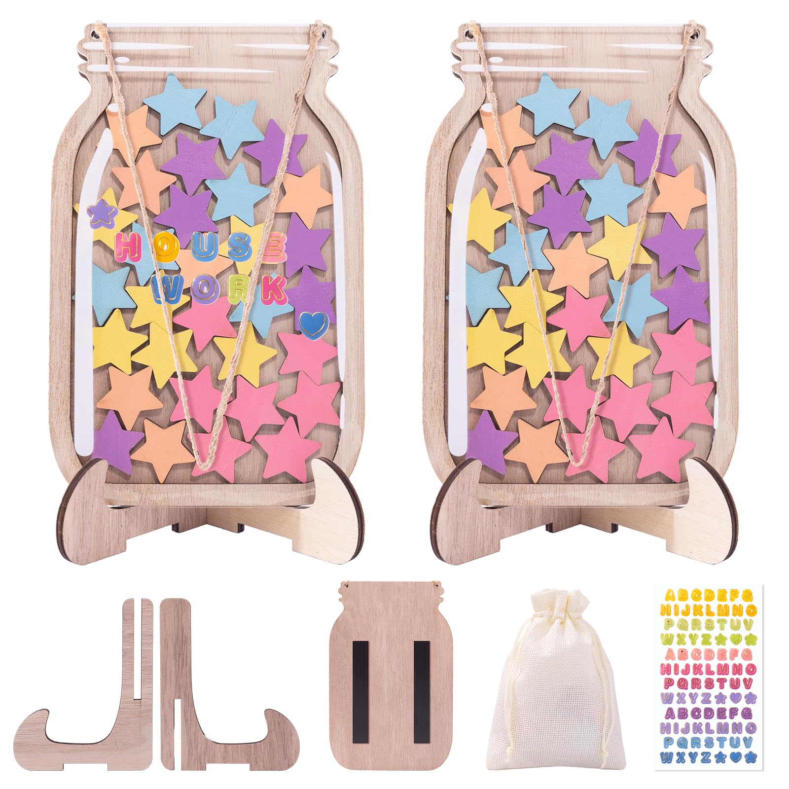 2 Pack Wooden Reward Jars for Children Magnetic Reward Jar Behaviour Star Stickers for Reward Chart with 60 Stars Reward System for Students Habit Formation Nursery Teacher Management Classroom Home