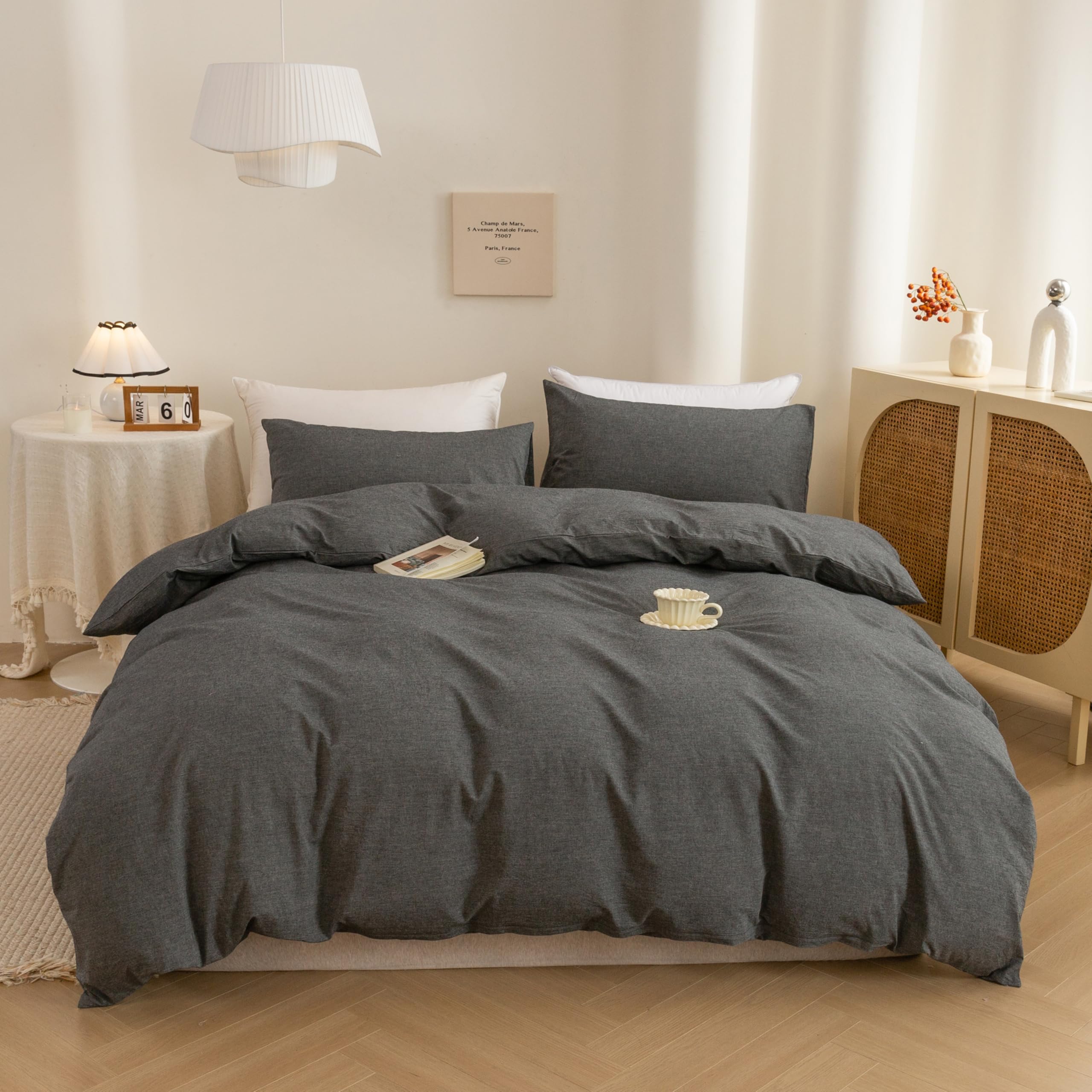 ECOCOTT Grey Duvet Cover Oversized Queen Size, 100% Washed Cotton 3-Piece Bedding Set - Ultra Soft, Breathable & Easy Care with Zipper Closure and 2 Pillowcases, Luxury Hotel Quality