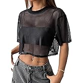 Avanova Women Sexy Sheer Mesh Crop Top See Through Oversized Short Sleeves Boxy Tee Shirt