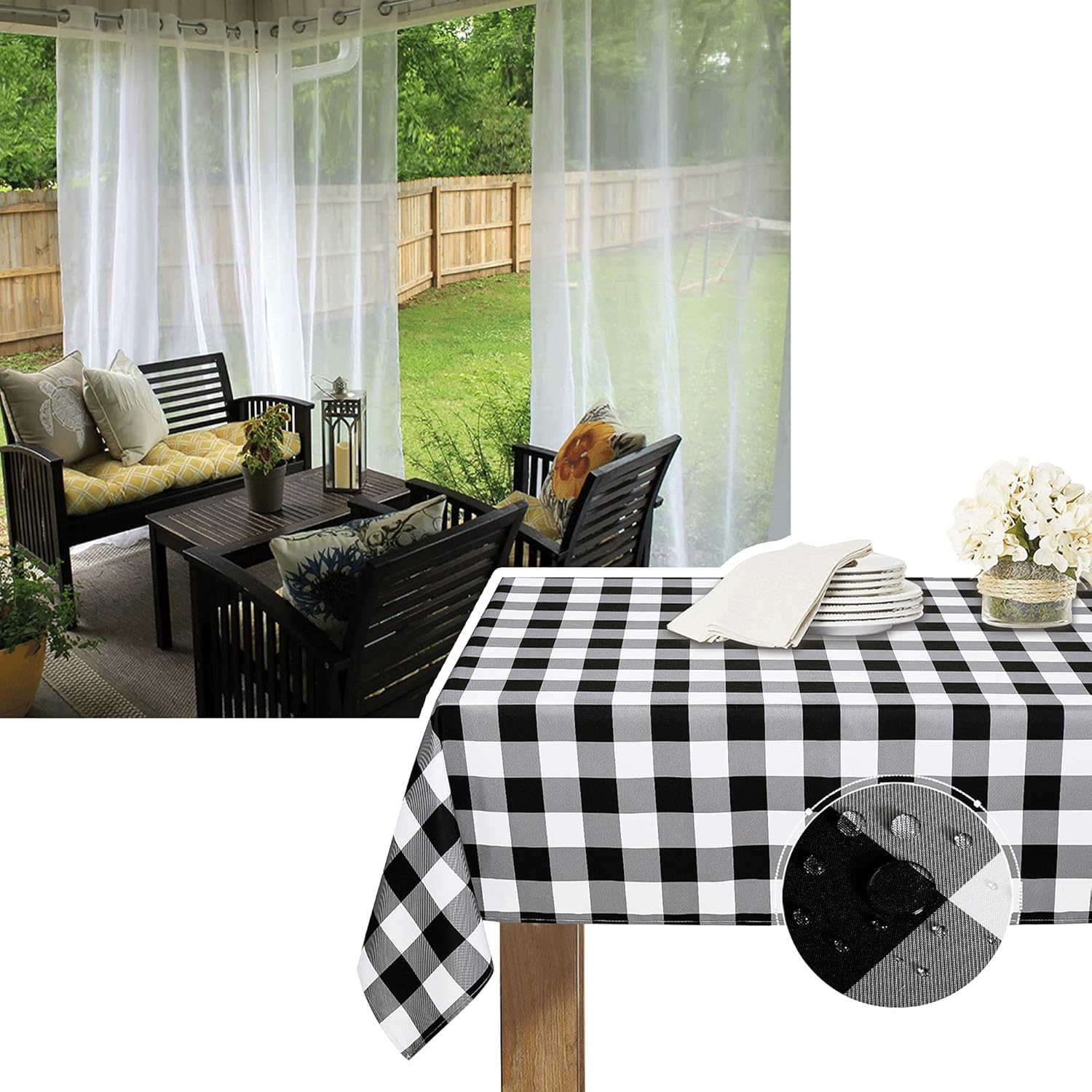 RYB HOME Outdoor Grommet Sheer Curtains Bundles Waterproof Black and White Buffalo Plaid Tablecloth