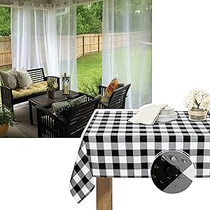 RYB HOME Outdoor Grommet Sheer Curtains Bundles Waterproof Black and White Buffalo Plaid Tablecloth