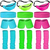 Eccliy 3 Sets 80s Women Neon Leg Warmers 80s Neon Headband Wristbands Holographic Fanny Pack Women Sport Accessories Set