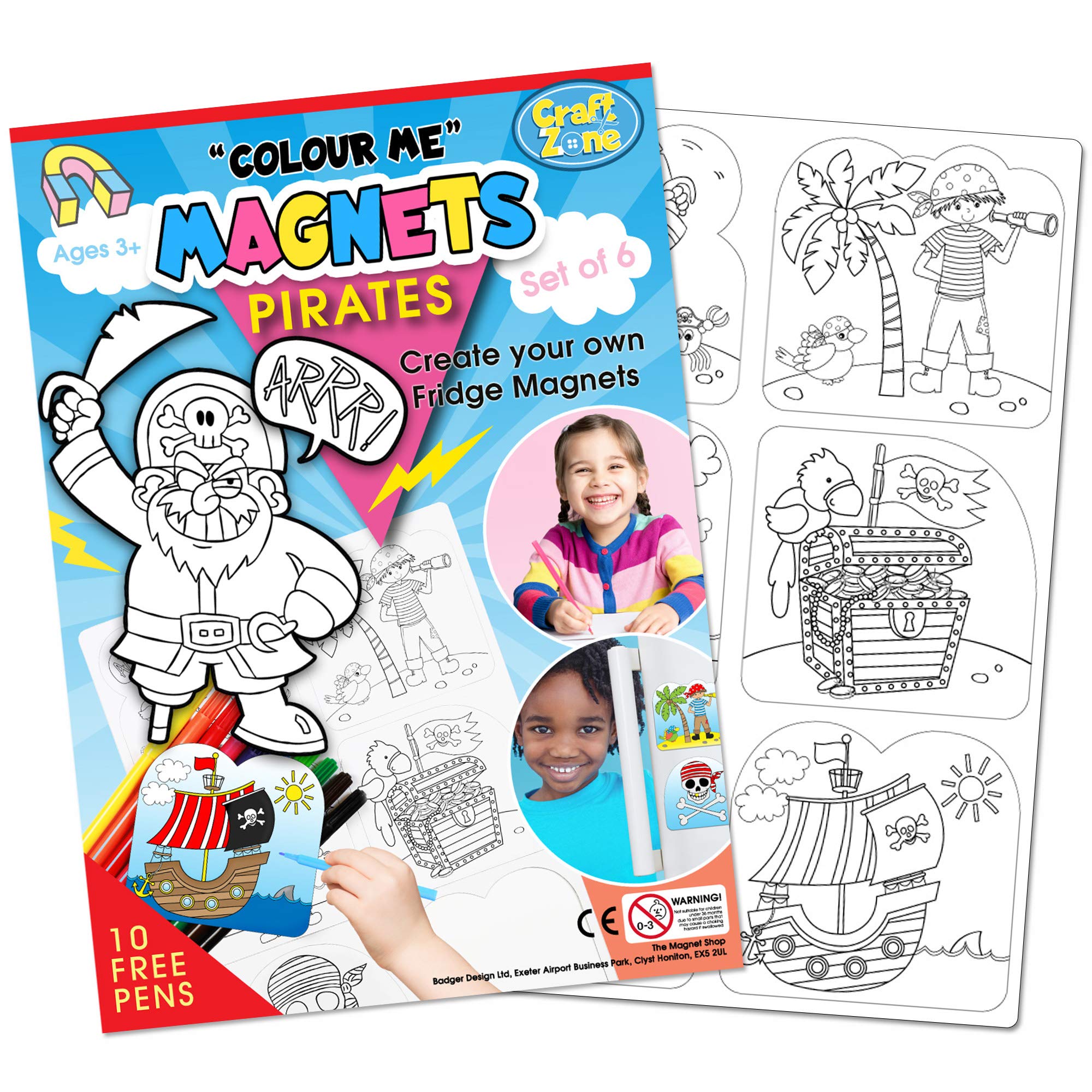 Colour Me Magnets! - Colour In Magnetic Crafts for Children and Toddlers, Made with Soft, Flexible and CE Approved Materials. Each Pack has 6 Designs and 10 Free Felt Tip Pens! (Pirate)