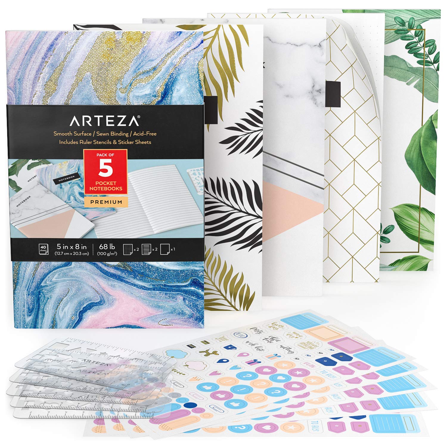 ARTEZA Pocket Notebooks, 5 x 8 Inches, Set of 5, 40 Sheets Each, Abstract Design, 2 Ruled, 2 Dotted and 1 Blank Softcover Journal with Smooth Paper
