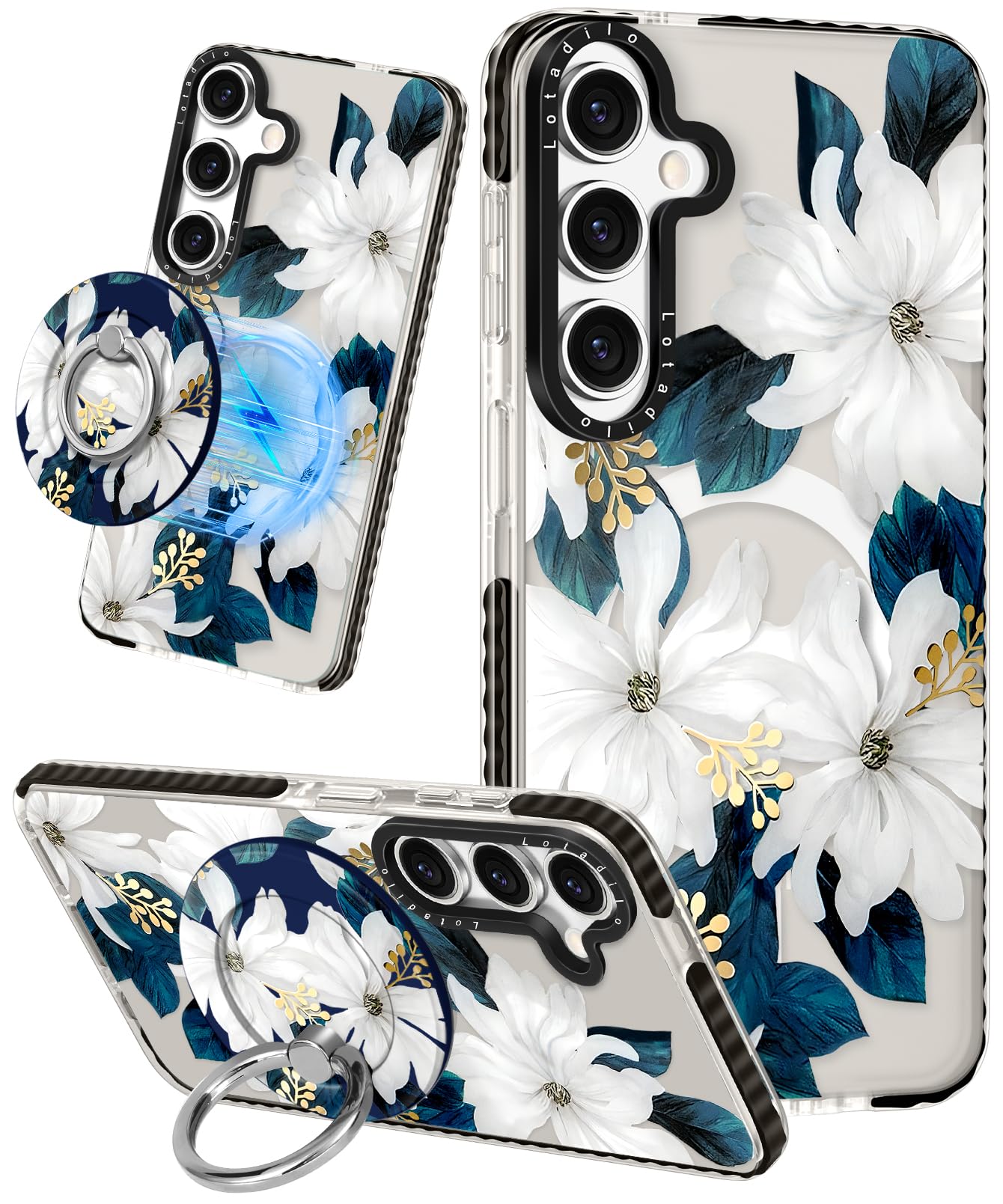 Photo 1 of Lotadilo Cute Case for Samsung Galaxy S25 Plus for Women Girls - Funny Blue Flower Design Compatible with Magsafe Magnetic Ring Holder Kickstand Fashion TPU Phone Covers
