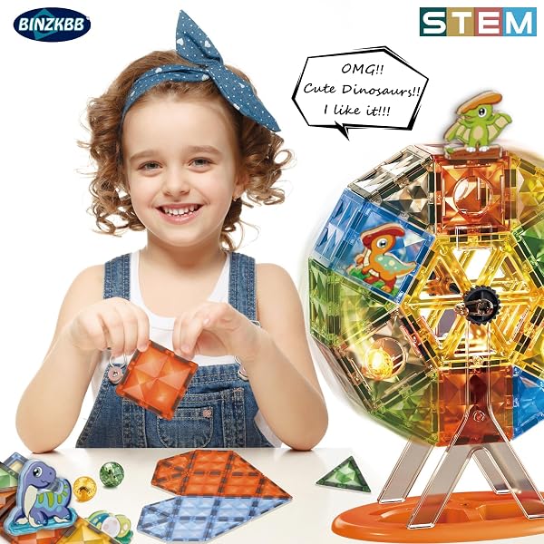 BINZKBB MAGNETIC TILES BUILDING BLOCKS,LIGHTED 3D CLEAR EDUCATIONAL STEM CONSTRUCTION SET,PRESCHOOL SENSORY MAGNET DINOSAUR CREATIVITY TOYS FOR KIDS AGE 3 4 5 6 8+ YEARS OLD GIRLS BOYS TODDLERS