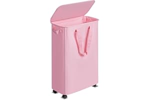 Vincona Slim Laundry Hamper with Lid and Wheels, Small Rolling Laundry Basket with Handle for Small Spaces, Tall Dirty Clothes Hampers for Dorm, Bathroom and Bedroom, 55L, Pink