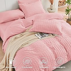 HYMOKEGE Rose Pink Queen Comforter Set Seersucker 7