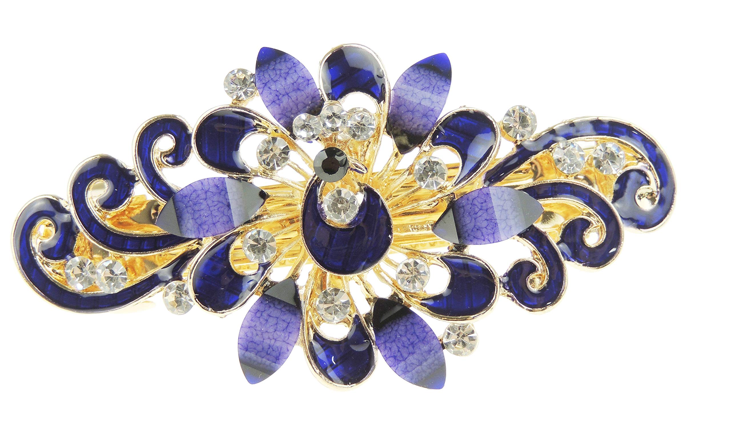 Womens Girls Crystal Rhinestone Diamante Wedding Birthday Party Evening Ponytail Fine Medium Hair Accessories Occasion Barrette Hairpin Grip French Spring Clip Enamel Peacock Flower (Purple)