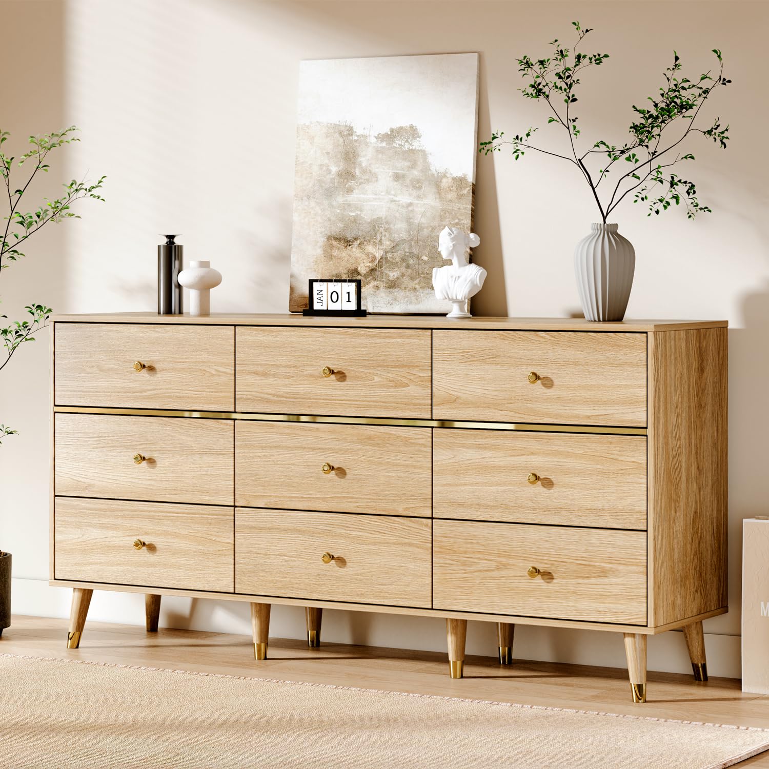 Photo 1 of ***DAMAGE AND MISSING SEE NOTES/IMAGES***
Chrangmay 9 Drawer Dresser,63" Wide Mid Century Modern Chest of Drawers,Wooden Bedroom Drawer Dresser with 9 Storage Drawers for Bedroom, Living Room,with Anti-Tipping Device,Natural