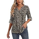 Bashafo 3/4 Sleeve Tops for Women V Neck Henley Long Sleeve Dressy Casual Shirts Ladies Loose Button-up Blouses Tunic