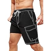 SILKWORLD Mens Swim Trunks with Compression Liner 9 Inch Bathing Suits Quick-Dry Swimming Beach Shorts with Cargo Pockets