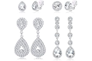 Jstyle 4 Pairs Silver Clip on Earrings for Women Elegant Rhinestone Clip on Earrings Dangle Drop for Brides Bridesmaids Non Pierced Earrings Set