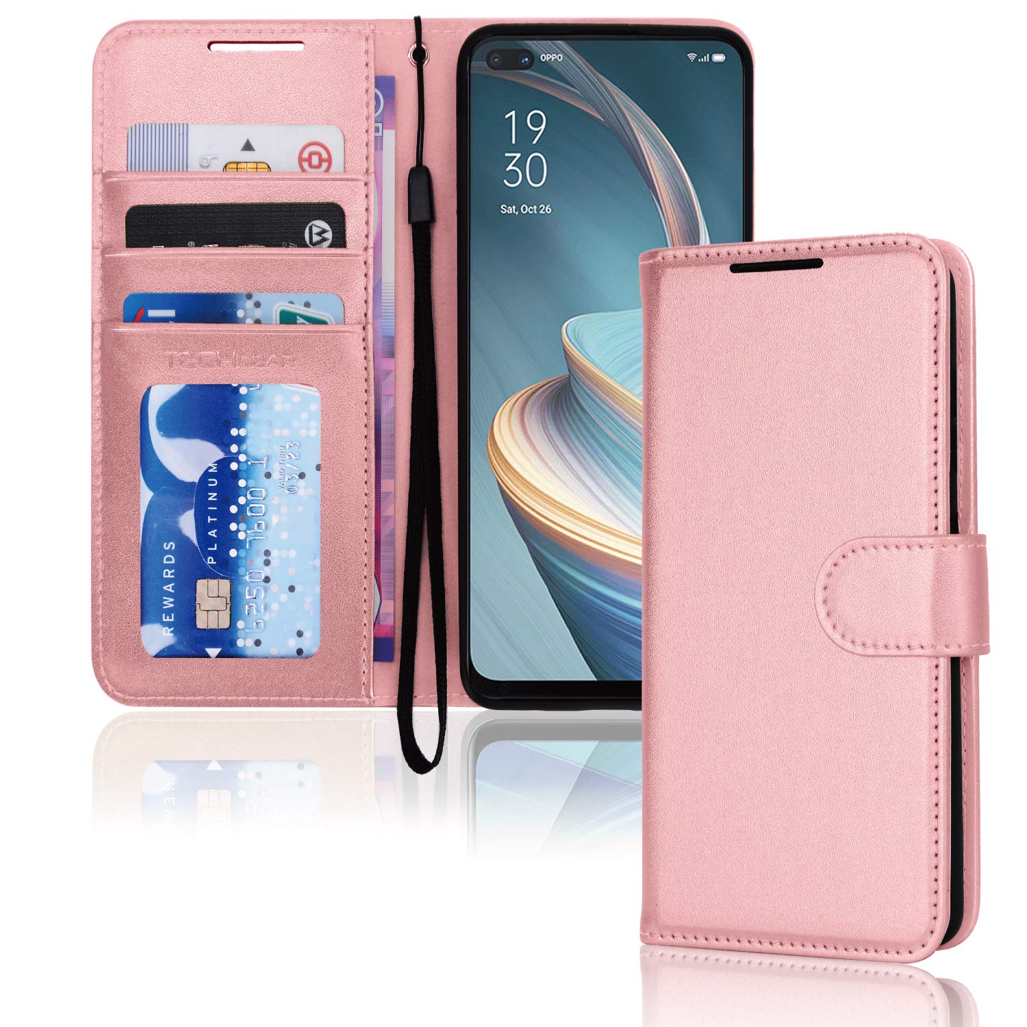 TECHGEAR Leather Wallet Case for Oppo Reno4 Z 5G (Reno 4Z 5G), Flip Protective Case Cover with Wallet Card Holder, Stand & Wrist Strap - Rose Gold PU Leather with Magnetic Closure for Oppo Reno 4 Z 5G