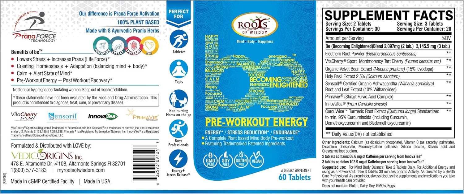 Be™ Balanced Energy Supplement for Thyroid, Adrenal Fatigue, Endurance, Focus, Mental Performance, All Natural Herbal Formula, Non-GMO, Gluten Free, Vegan, Soy Free, 60 Tablets: Health & Personal Care