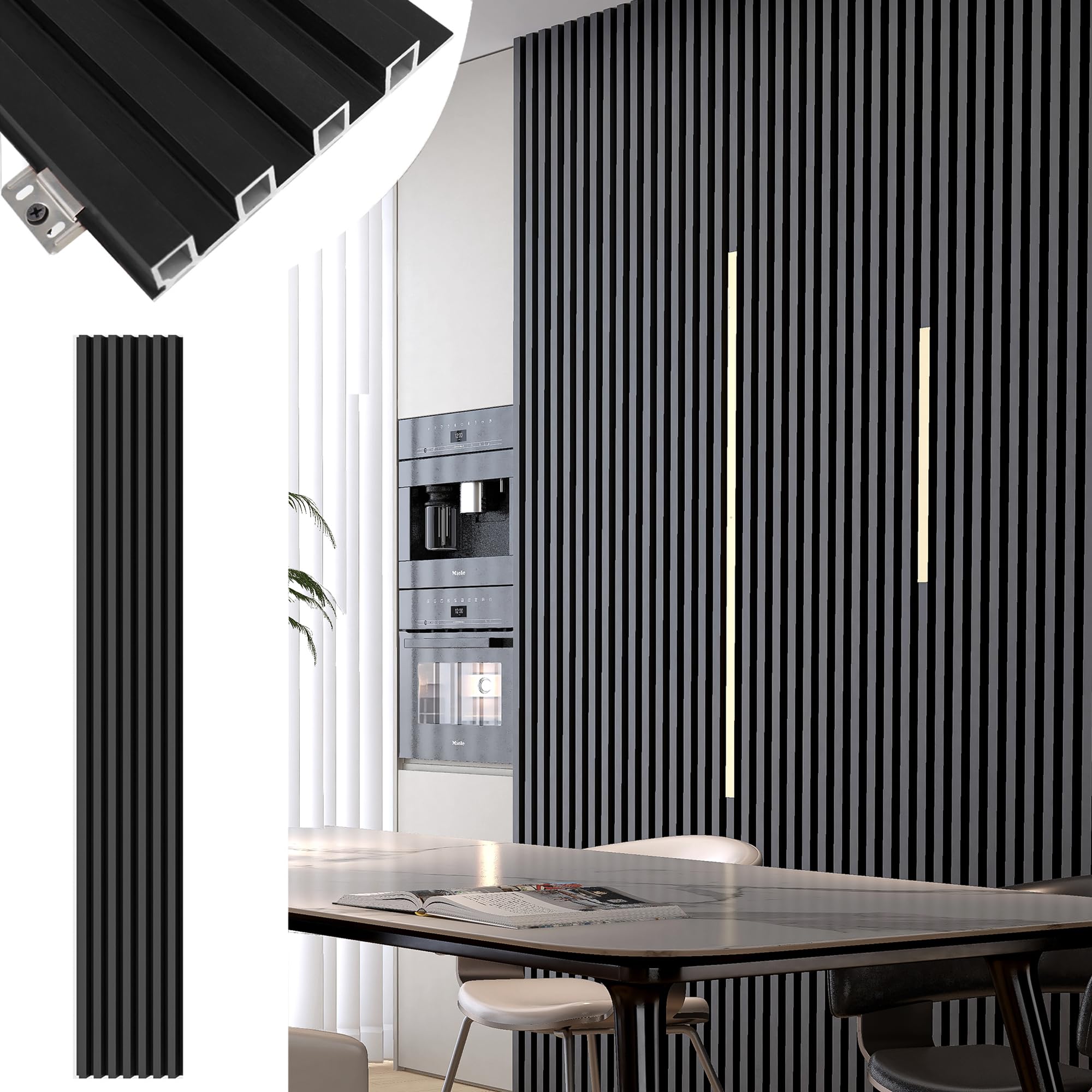 Photo 1 of *Small scratches/chips* Monivi Black Wall Panels for Interior Decor 96x6.6in 8Pack WPC Wall Panel Waterproof Matte Finish Black 3D Accent Wall for Living Room Bedroom Hall Office, 33.6 sq.ft Coverage Slat Wall Paneling