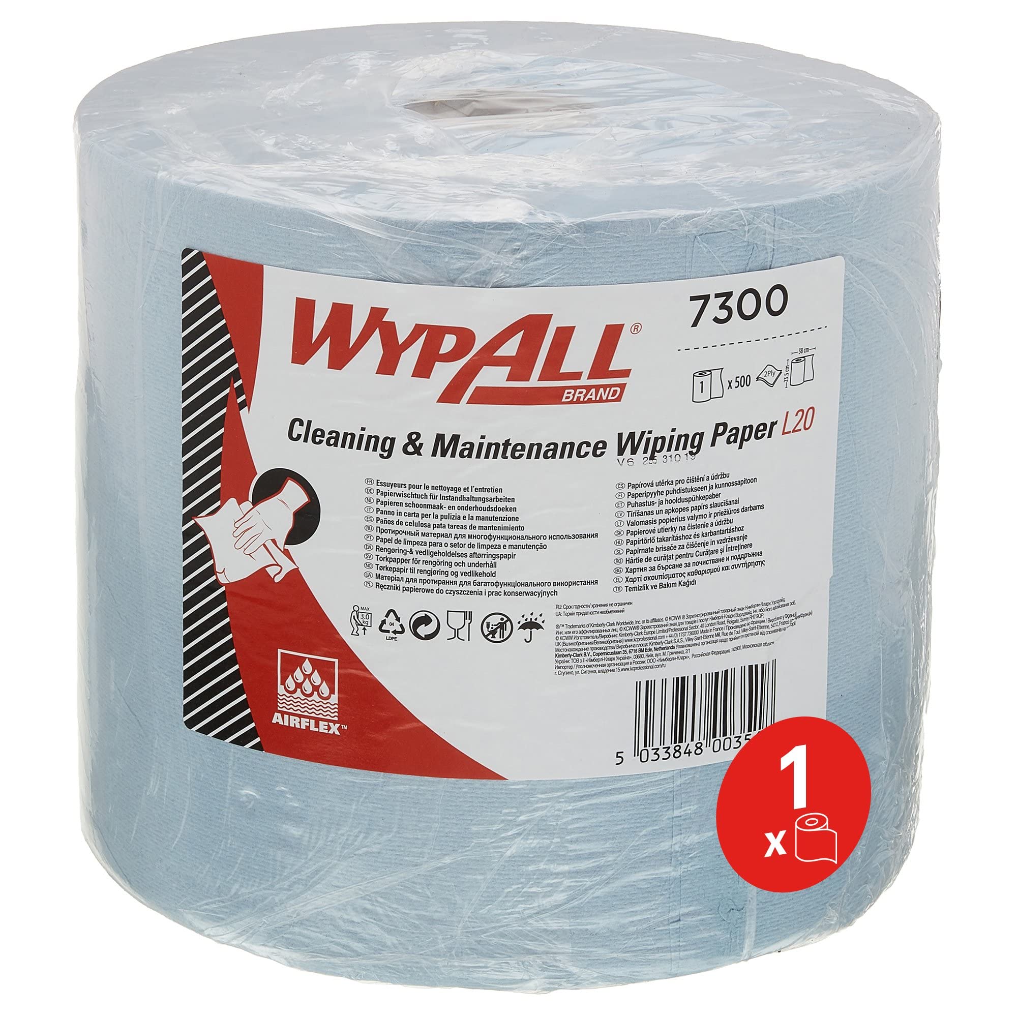 WypAll® L20 Wiping Paper 7300, Blue 2-Ply Jumbo Roll for Cleaning & Maintenance Tasks – 1 Roll x 500 Sheets
