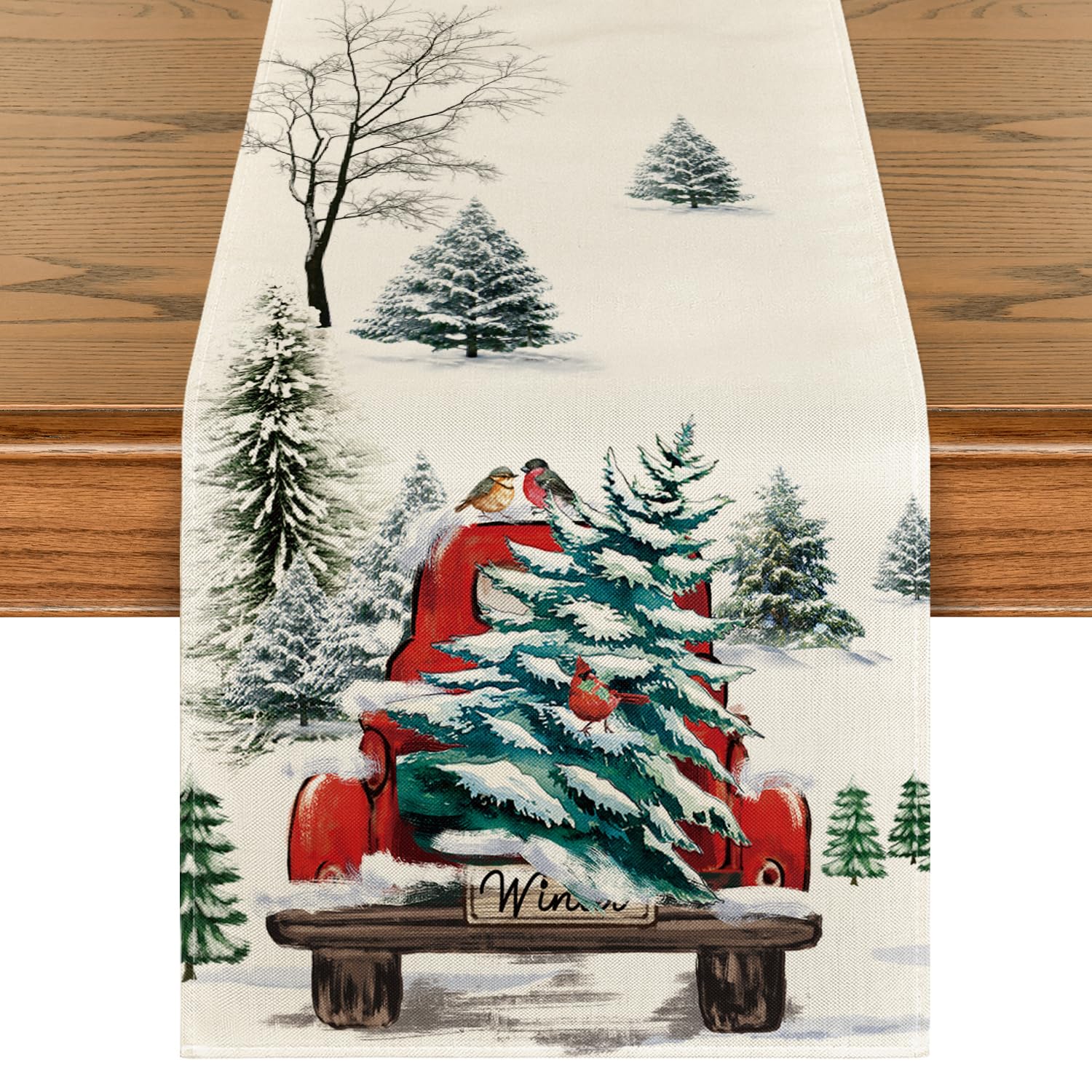 Artoid Mode Waterclor Snow Pine Tree Truck Christmas Table Runner, Seasonal Winter Merry Xmas Kitchen Dining Table Decoration for Home Party Decor 40x180 cm