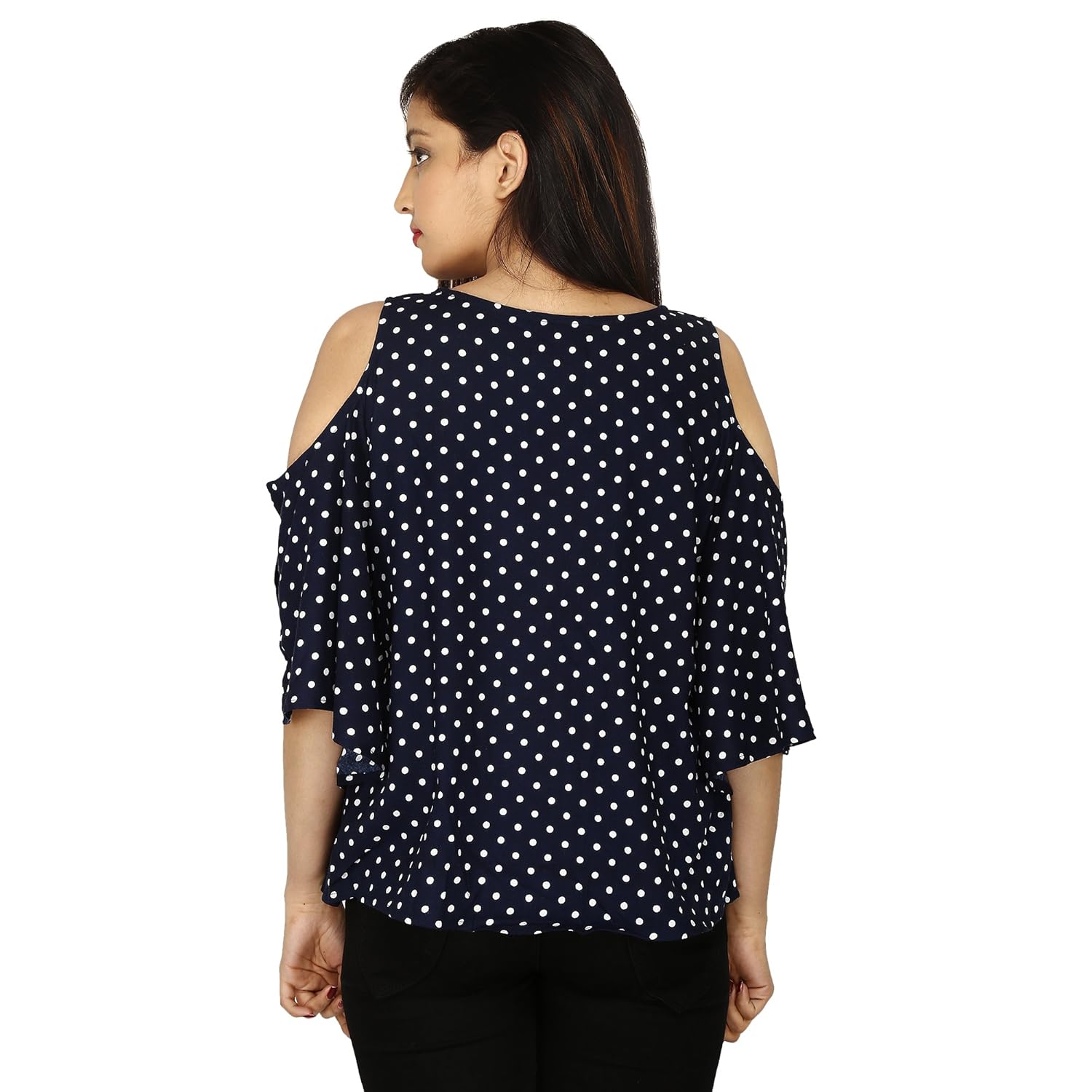 amayra women's navy blue printed cold shoulder long sleeves polka dotes top