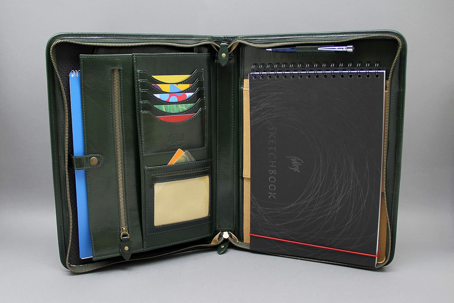 Italian Leather Portfolio, Zipped Conference A4, Folder, Padfolio, Leather Folio With Handle (green) - Image 5