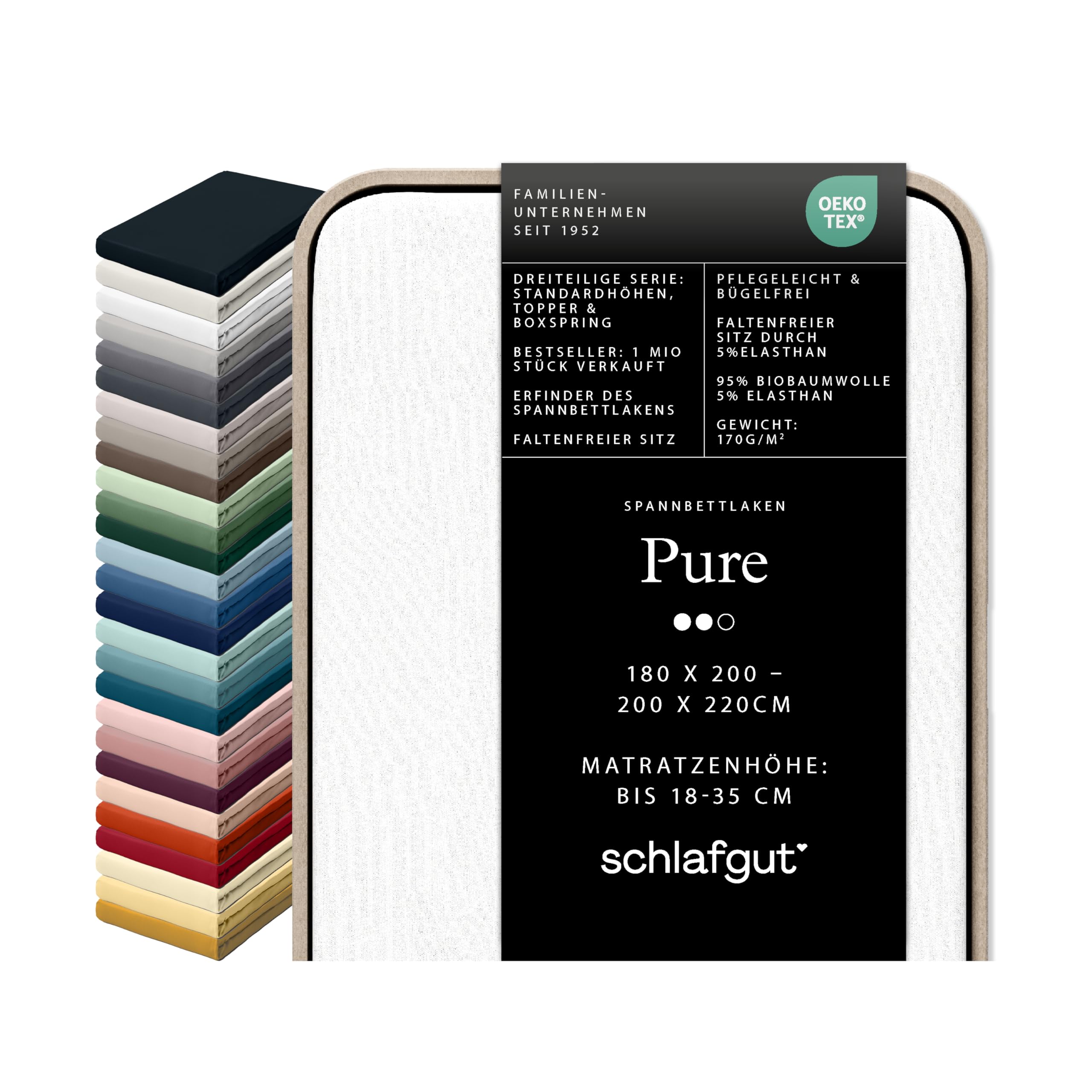 Schlafgut Pure fitted sheet 180x200cm to 200x220cm, 95% soft organic cotton and 5% elastane with 170g/m2 density for a wrinkle-free fit, Full-White