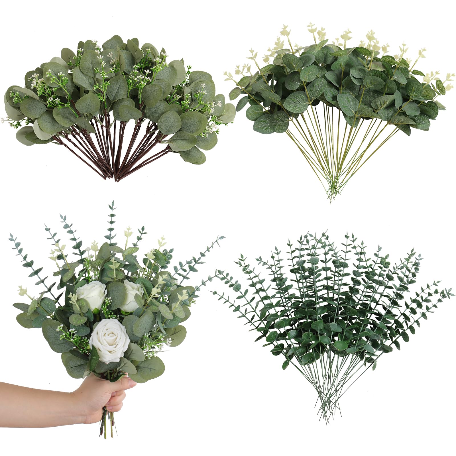 ASTNIC 90pcs Eucalyptus Stems Flowers, Fake Eucalyptus Leaves Faux Silk Artificial Plants Green Foliage Greenery for DIY Flower Bouquets Arrangement Wedding Vase Wreath Home Party Decoration