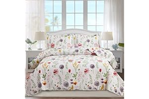 Ycosy Floral Quilt Sets Full/Queen Size Reversible Countryside Bedspread Coverlets Lightweight Purple Dandelion Quilt Green Leaves Bed Covers for All Season,1 Quilt +2 Pillow Shams