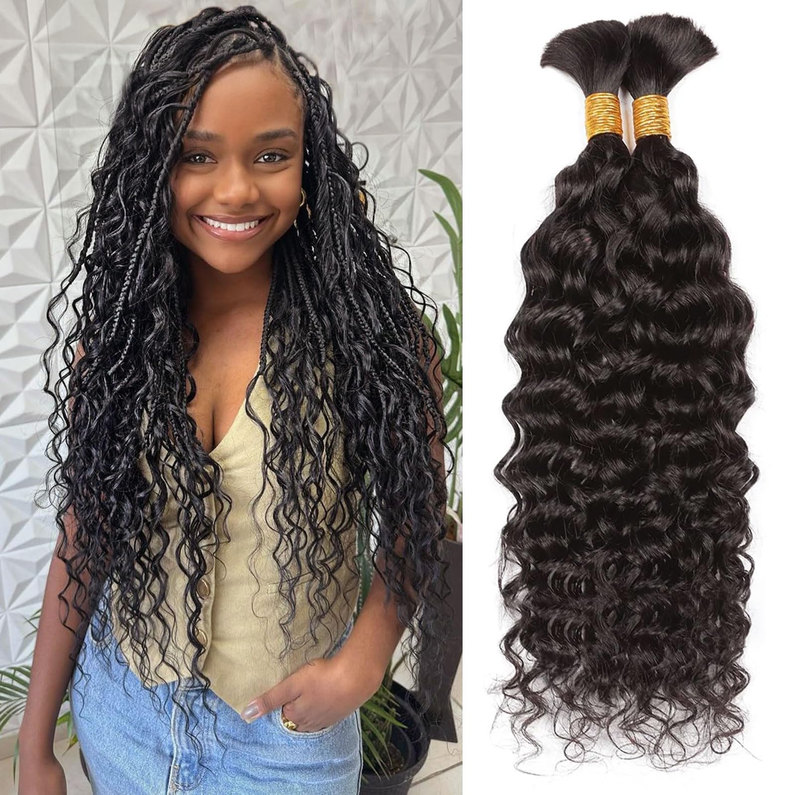 Huarisi 22 Inch Water Wave Bulk Human Hair for Braids No Weft 2 Bundles 50g Water Wave Braiding Hair Bulk Hair for Boho Goddess Knotless Braids Natural Colour 100g a Lot — image 1