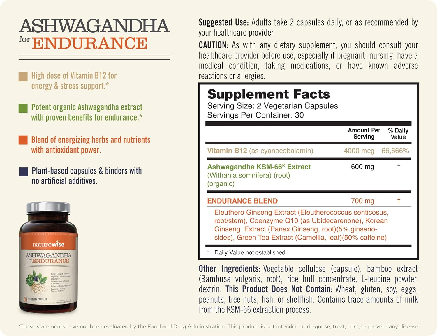NatureWise Ashwagandha for Endurance, Adaptogen Adrenal Support Supplement with Organic KSM-66 Ashwagandha, Vitamins, Ginseng, and Green Tea Extract (Packaging May Vary) [1 Month Supply – 60 Capsules]: Health & Personal Care