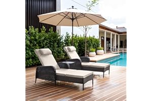 Belord 3 Piece Outdoor Chaise Lounge Patio Recliner - 75 Inch Adjustable Wicker Chaise Lounge with Soft Pillow Removable Cushions, All Weather Rattan Pool Lounge Chair Set 2 for Poolside Brown/Beige