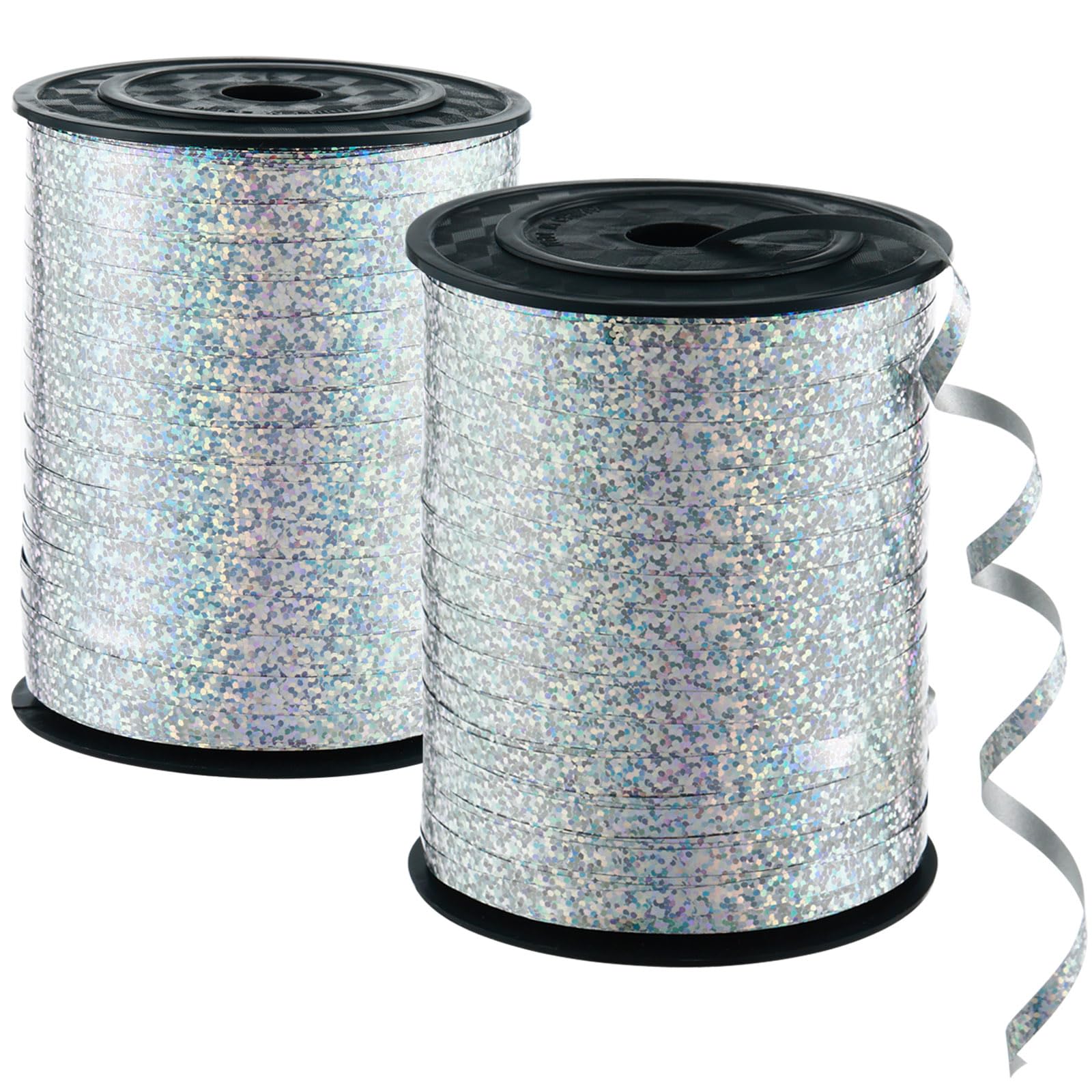 Photo 1 of 2 Rolls 1000 Yards Laser Silver Curling Ribbons for Gift Wrapping Metallic Shiny Curly for Balloon String, Glittery Flower Bouquet Ribbon Iridescent Laser Ribbon for Craft Christmas Party
