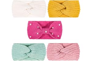 Whaline 5 Pieces Knit Headbands Winter Ear Warmers, 4 Elastic Turban Head Wraps and 1 Pearl Crochet Hair Band, Hair Scrunchies Scarves for Women Girls (Candy Colors)