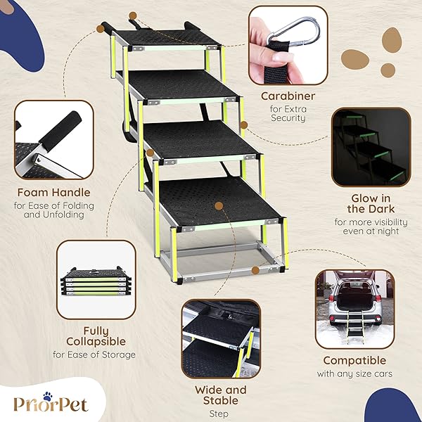 DOG STAIRS FOR LARGE DOGS PRIORPET – GLOW IN THE DARK MARKING – FOLDABLE DOG RAMP FOR CAR AND SMALL SUV – DOG STEPS FOR CAR – NON-SLIP SURFACE – DOG RAMPS FOR LARGE DOGS – 4 STEPS