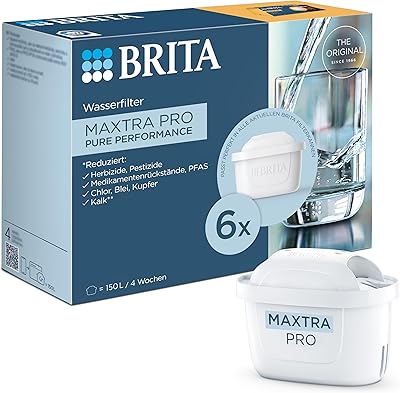 BRITA Wasserfilterkartusche MAXTRA PRO Pure Performance (All-In-1) 6er-Pack Halbjahrespack – Original Ersatz-Wasserfilter für Filterkannen: reiner Wassergeschmack – filtert PFAS, Chlor, Kalk, Metalle