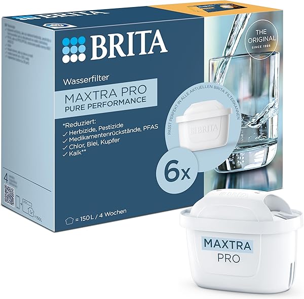 BRITA Wasserfilterkartusche MAXTRA PRO Pure Performance (All-In-1) 6er-Pack Halbjahrespack – Original Ersatz-Wasserfilter für Filterkannen: reiner Wassergeschmack – filtert PFAS, Chlor, Kalk, Metalle