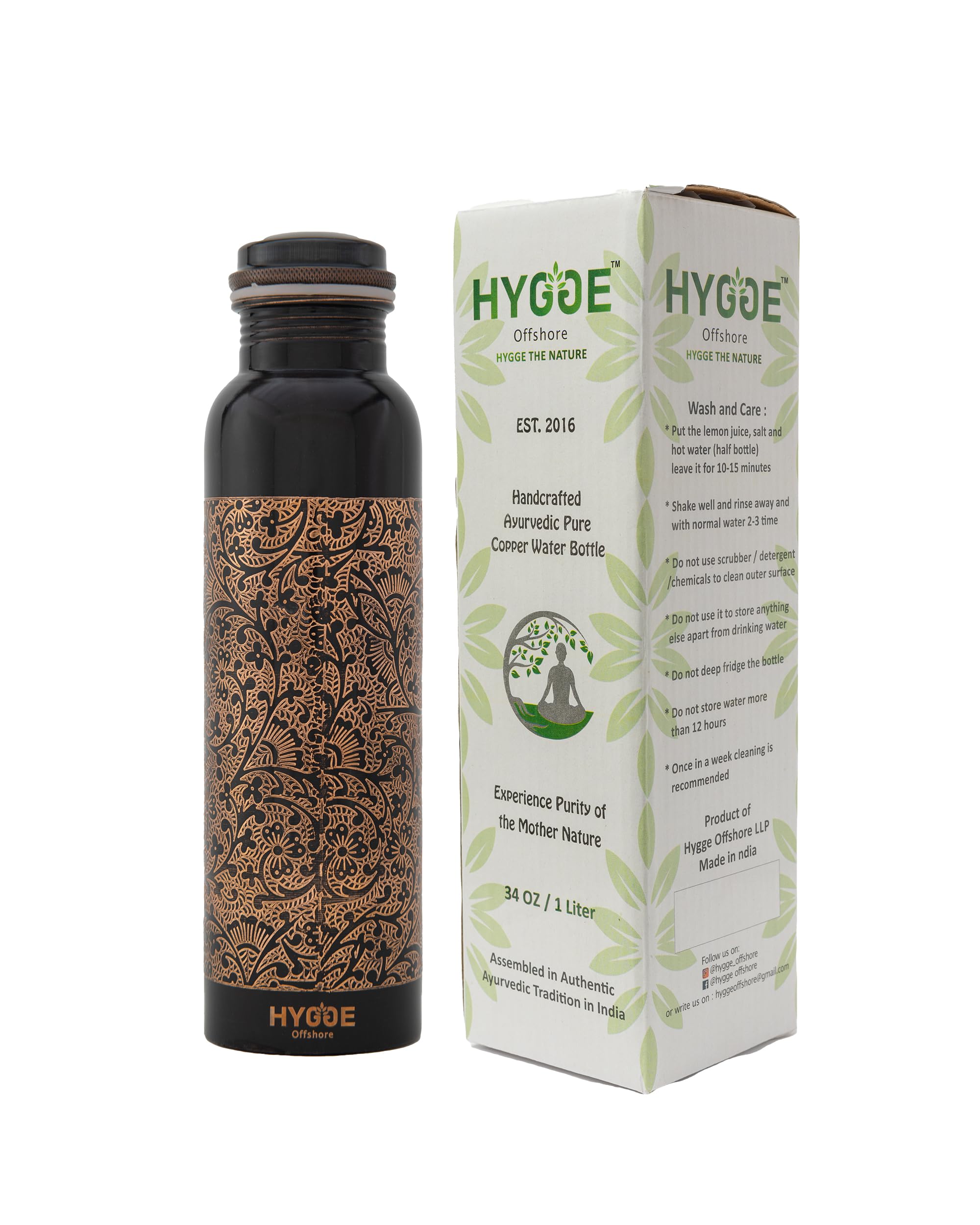 HYGGE Copper Water Bottle - 34 Oz Extra Large - A Antique Engraved Ayurvedic Pure Copper Vessel for Drinking - Drink More Water, Lower Your Sugar Intake and Enjoy The Health Benefits Immediately