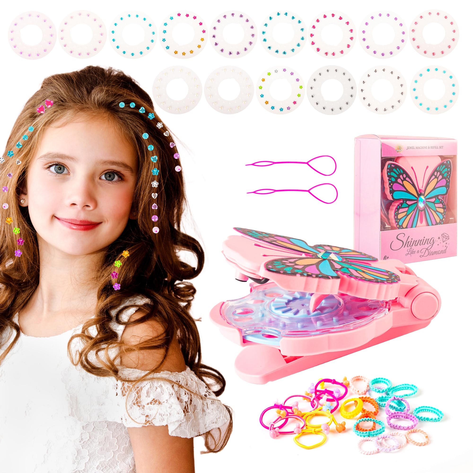 Hair Bedazzler Girls Styling Hair Tool, Hair Jewels Refill Braided Hair Stickers Gems Refill for Hair,Glam Hair Nail Rigs,DIY,Phone Shell Girls Hair Gem Stamper(Pink butterfly)